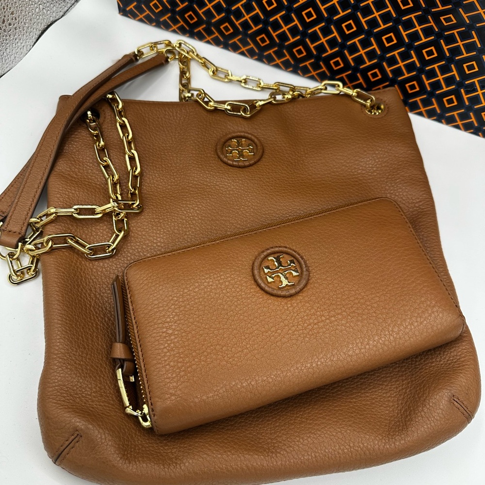 Tory Burch Brown Leather Shoulder or Crossbody Bag with Gold Chain